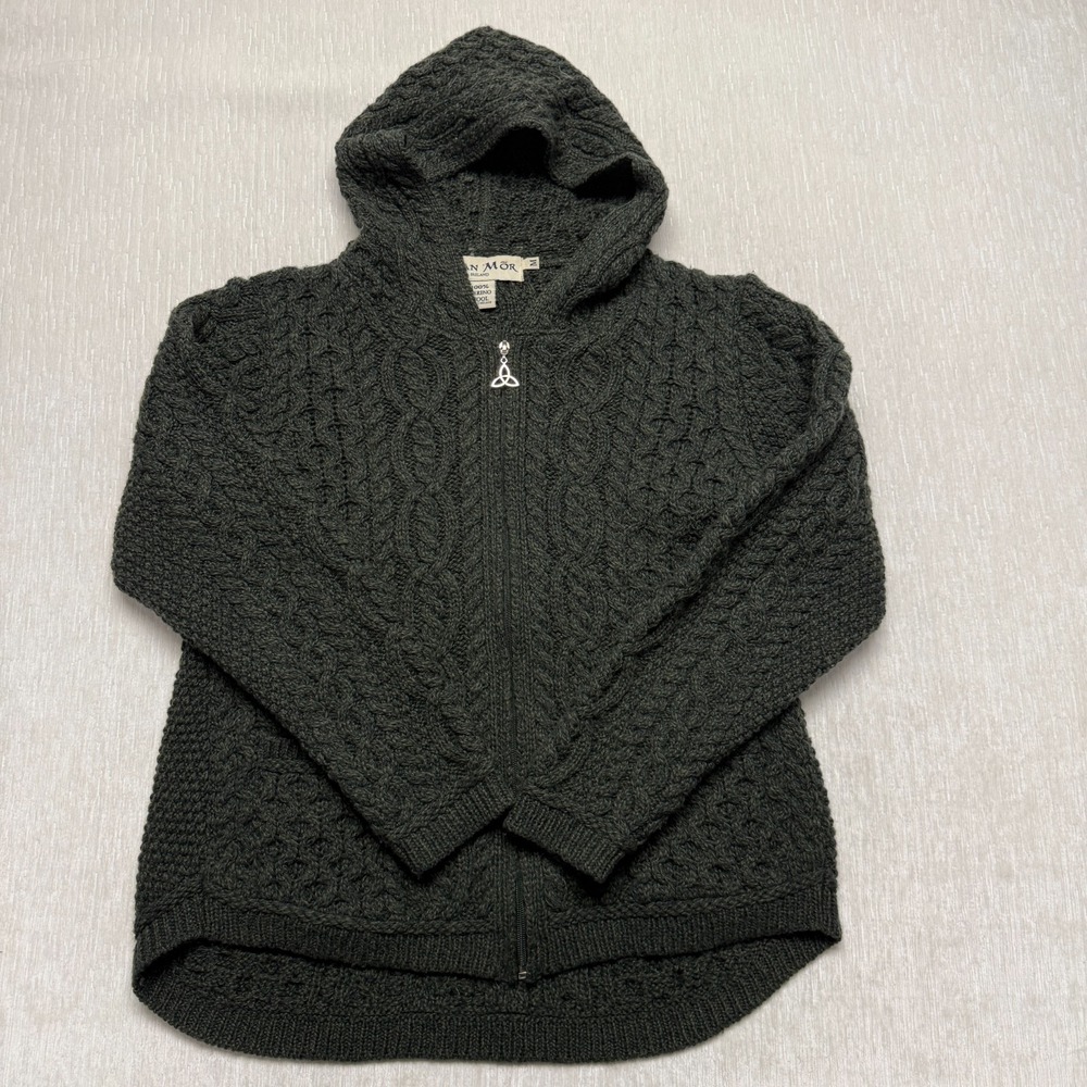 Aran Mor Ireland Merino Wool Cardigan Sweater Women Medium Green Hooded Full Zip